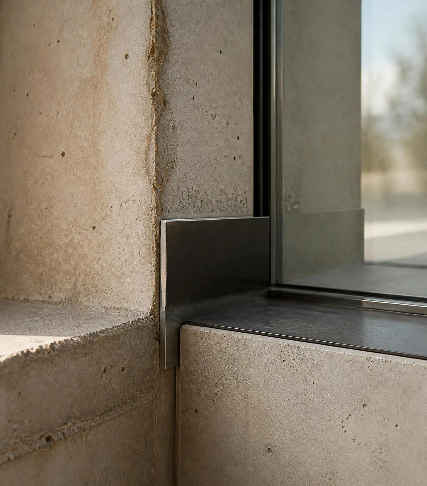 Detalle constructivo: encuentro entre hormigón visto, perfil metálico y vidrio