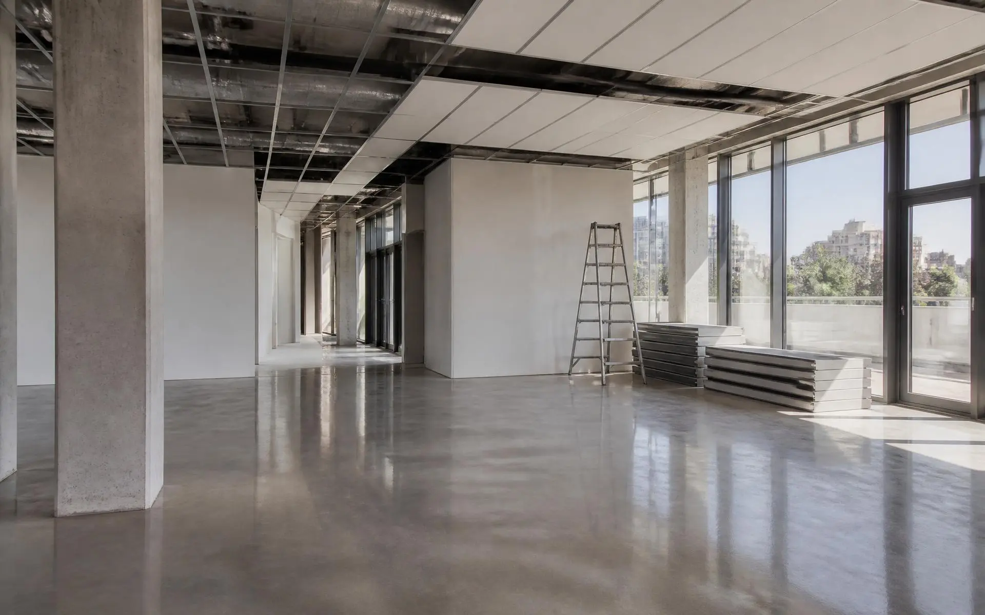 Interior de una obra comercial en etapa de terminación, con estructura de hormigón y luz natural